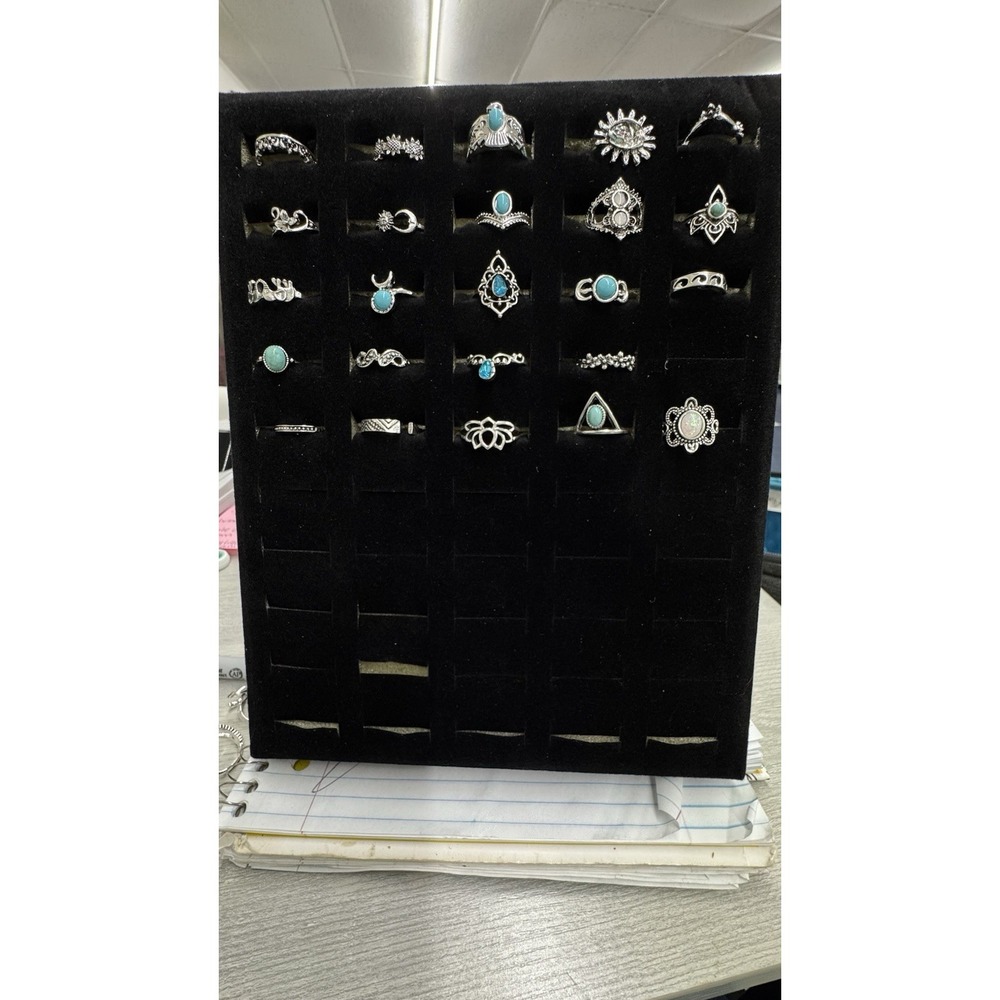 Wholesale Lot Of 24 Rings Costume Silver Turquoise Onyx Blue In Mixed Sizes